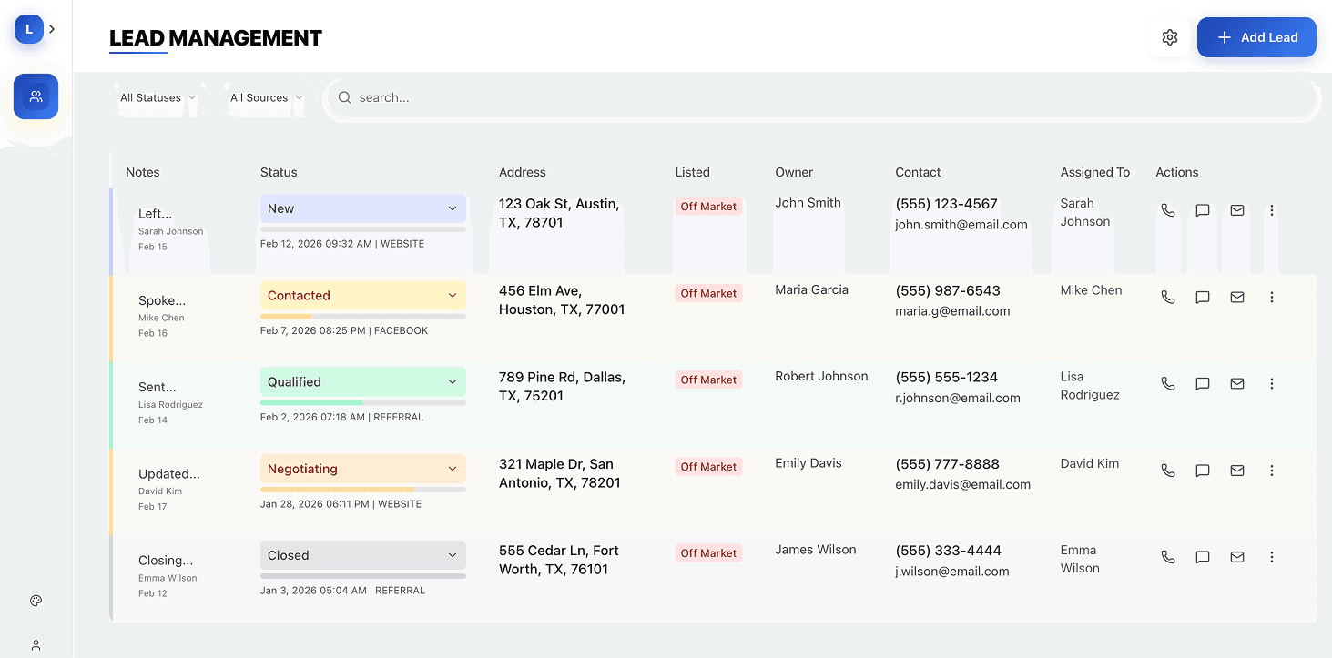 Bestia leads list page with filters and status badges