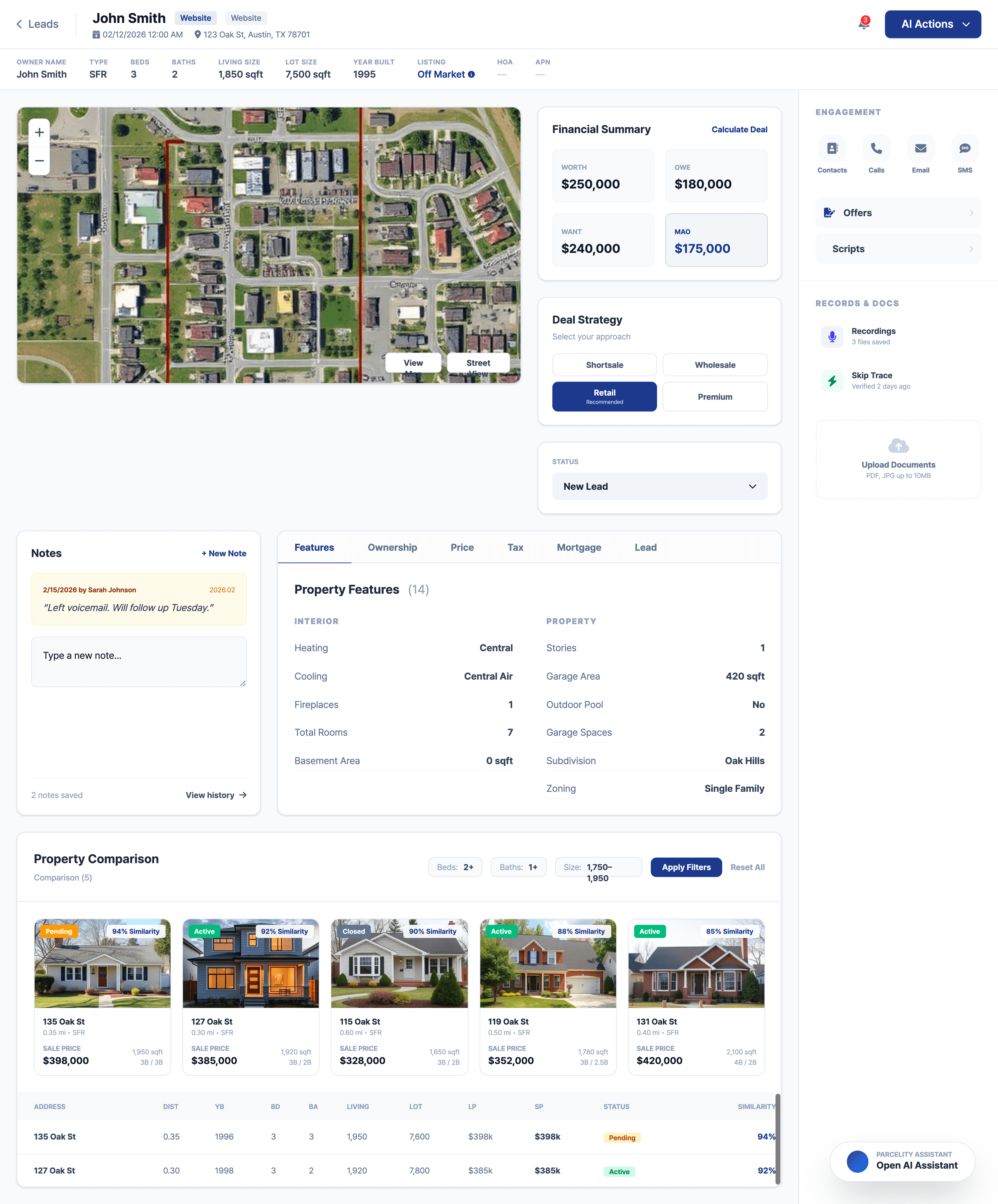 Bestia lead and property detail page with tabbed sections