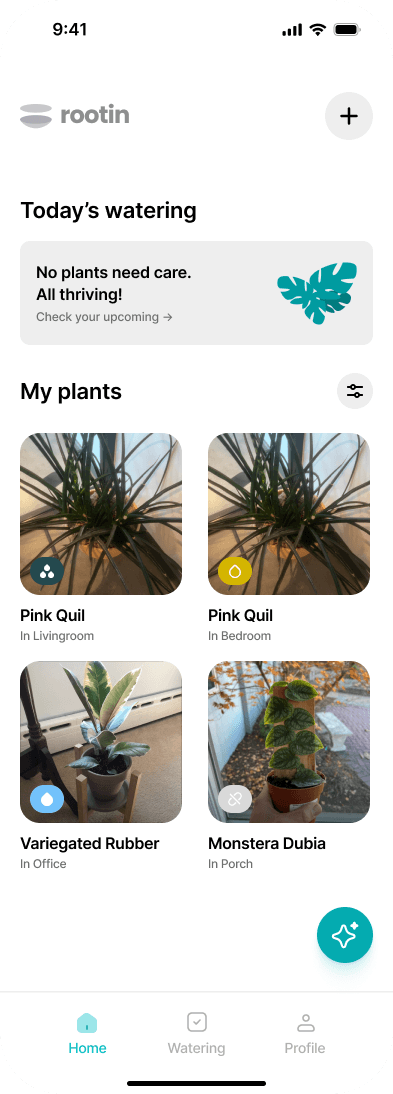 Rootin home screen with plant list and watering card