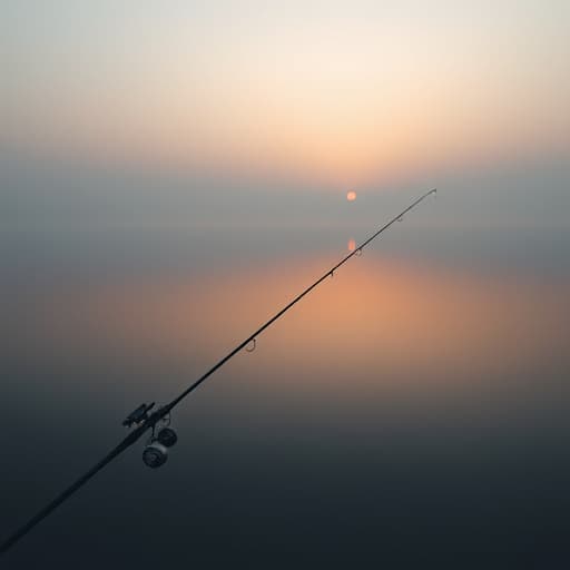 Calm lake at dawn with a minimalist fishing setup